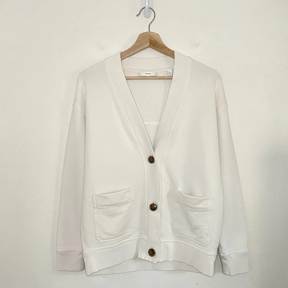 Vince French Terry Oversized Cardigan V Neck Button Front Sweater Bone XXS